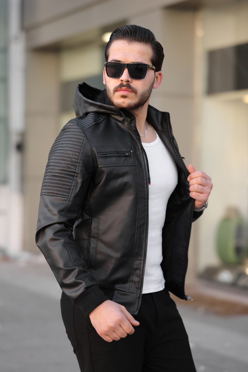 Mero Life Erkek Siyah Dar Kesim Kapüşonlu Bel Lastikli Ribanalı Deri Ceket & Mont görsel 6