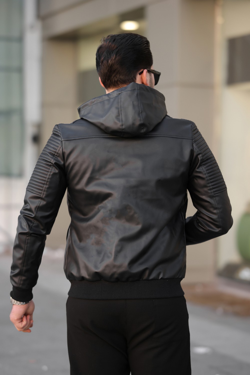 Mero Life Erkek Siyah Dar Kesim Kapüşonlu Bel Lastikli Ribanalı Deri Ceket & Mont görsel 7