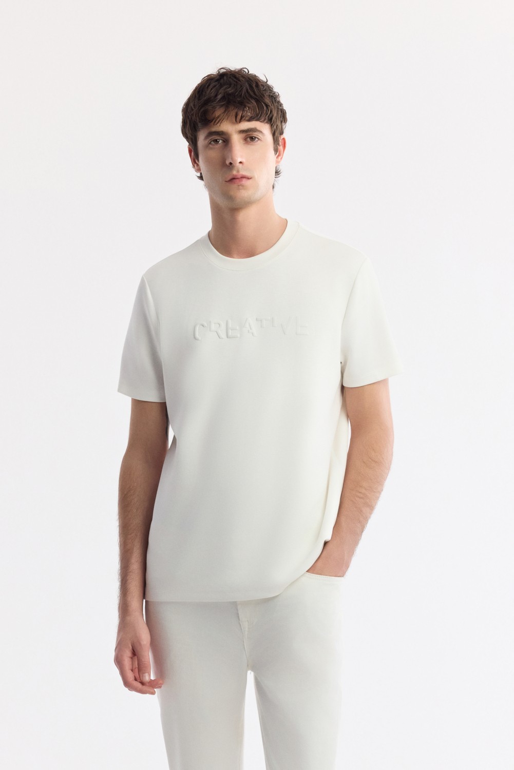 AVVA Erkek Pudra Bisiklet Yaka Baskılı Bi-Stretch İnterlok Regular Fit T-Shirt A51Y1131