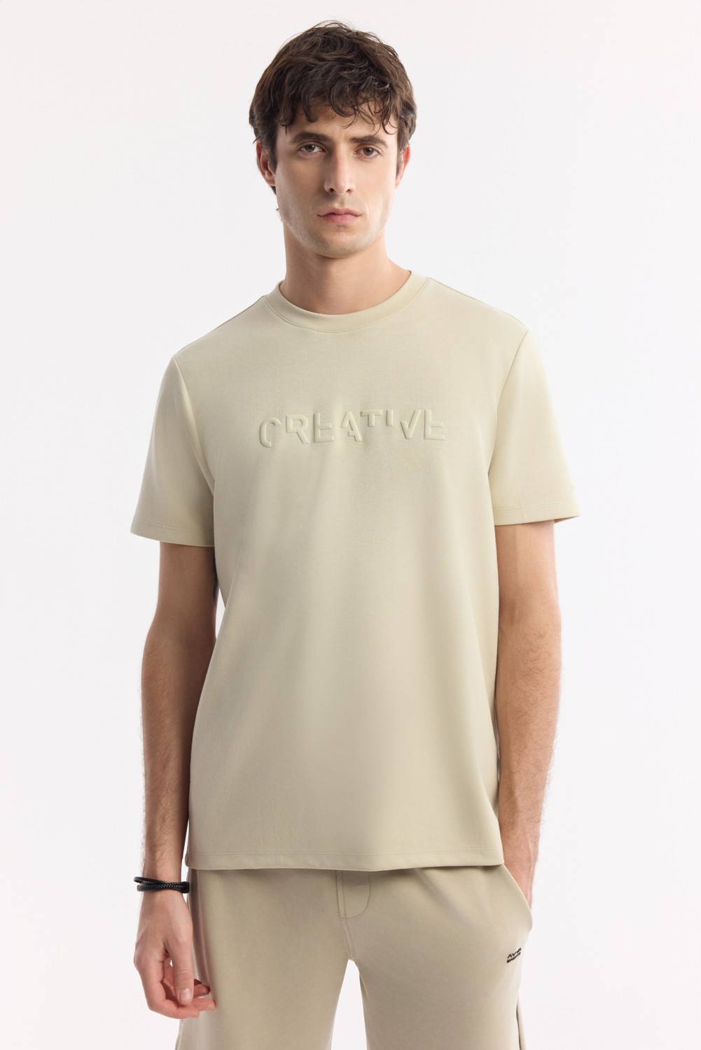 AVVA Erkek Pudra Bisiklet Yaka Baskılı Bi-Stretch İnterlok Regular Fit T-Shirt A51Y1131