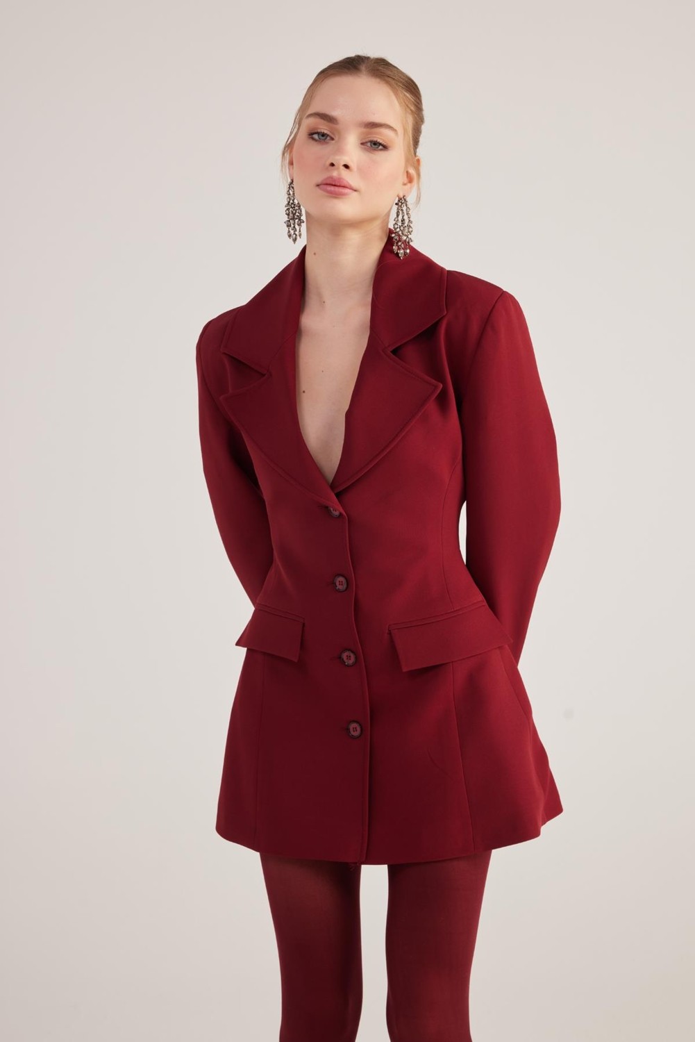 Holly Lolly Belden Oturmalı Fit Kesim Deja Blazer Ceket Bordo görsel 2