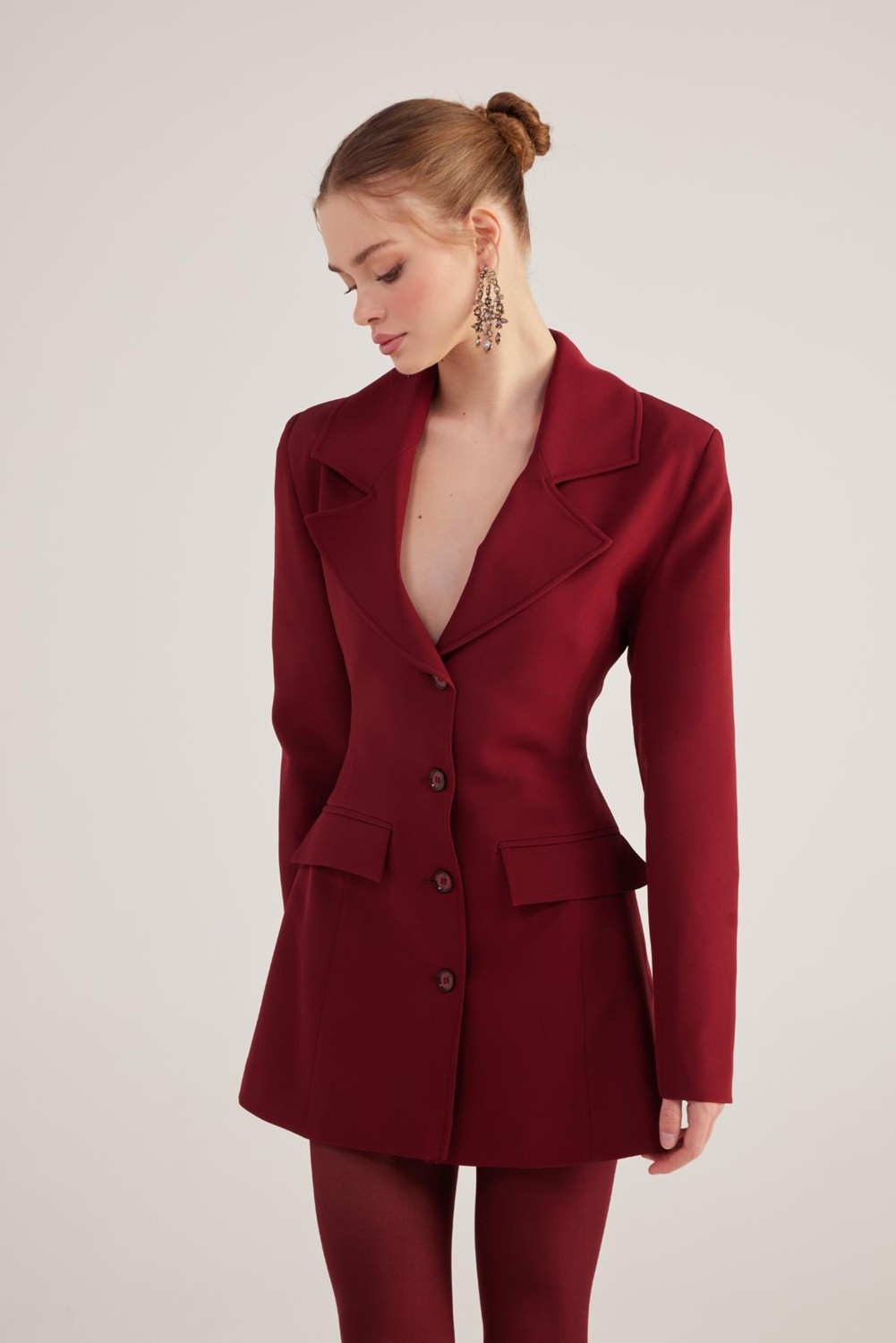 Holly Lolly Belden Oturmalı Fit Kesim Deja Blazer Ceket Bordo görsel 4