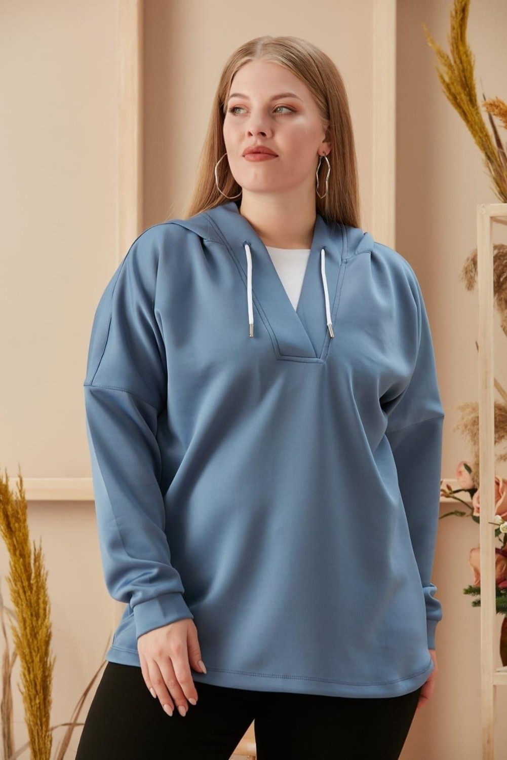 Imagine Giyim Yaka Detaylı Büyük Beden Indigo Sweatshirt