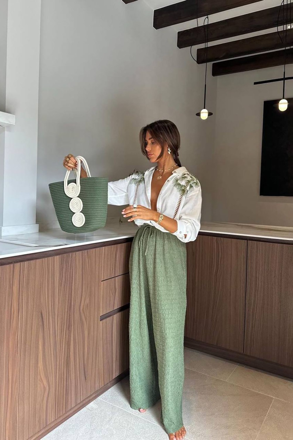 Neşeli Butik Kadın Nakış Detaylı Gömlek Pantolon Ikili Keten Takım NBEMP2514 görsel 3