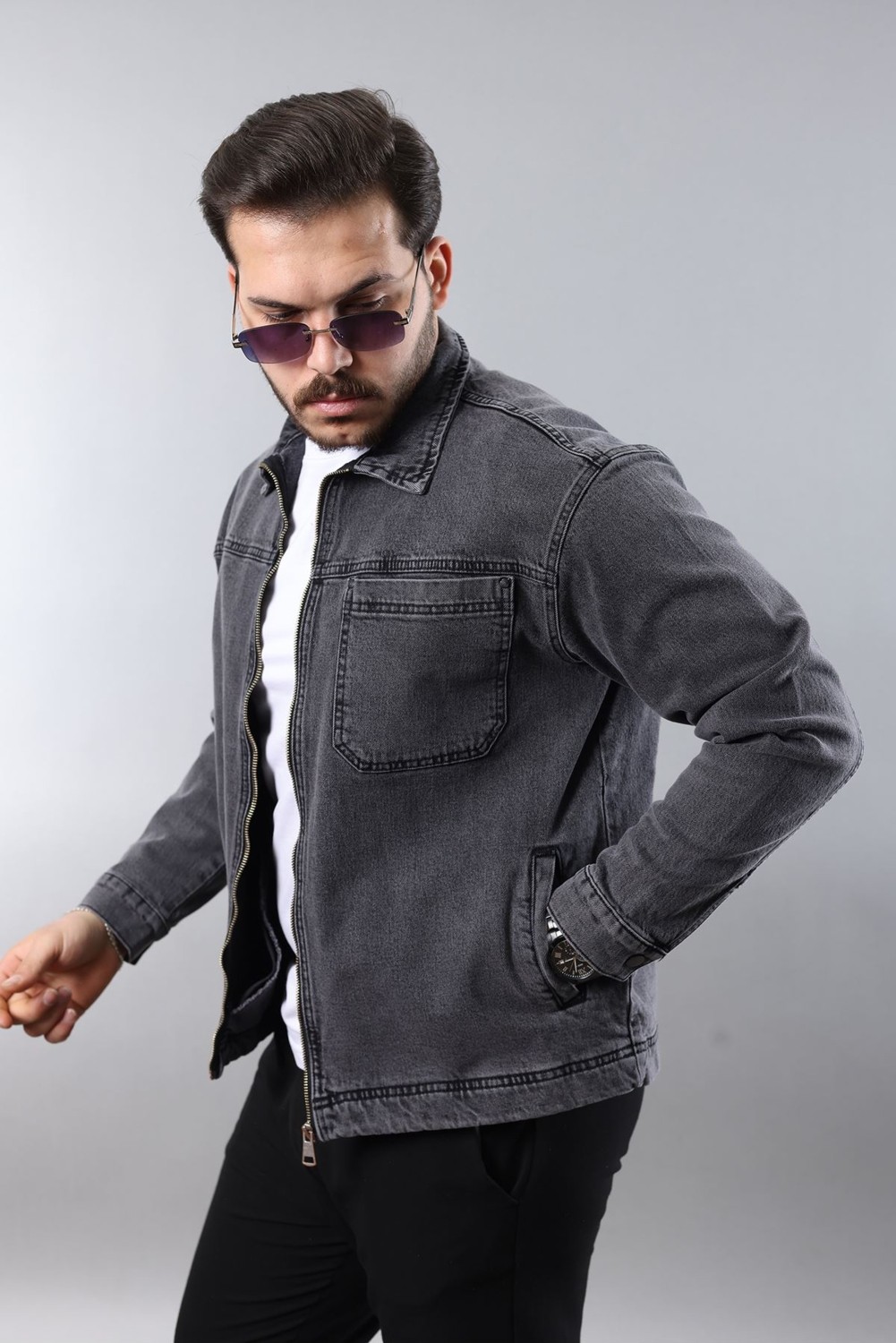 Little Cup Jeans Co Erkek Regular Fit Bej Spor Model Fermuarlı Kot Ceket