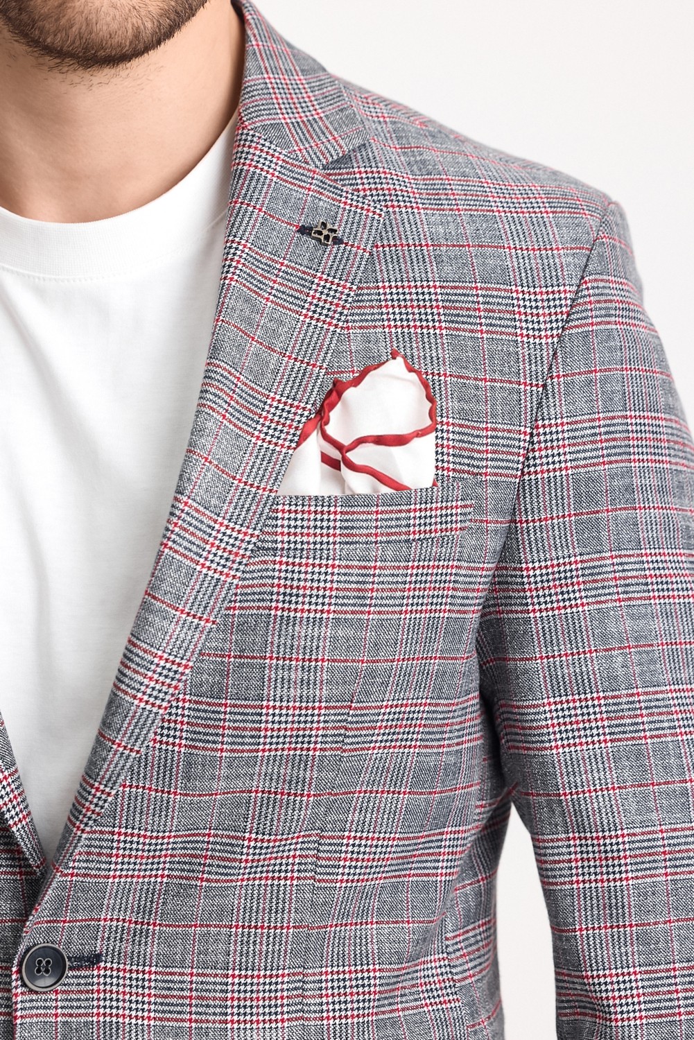 Frappoli Casparov Erkek Lacivert Ekoseli Esnemeyen Kumaş Slim Fit Mono Yaka Blazer Ceket