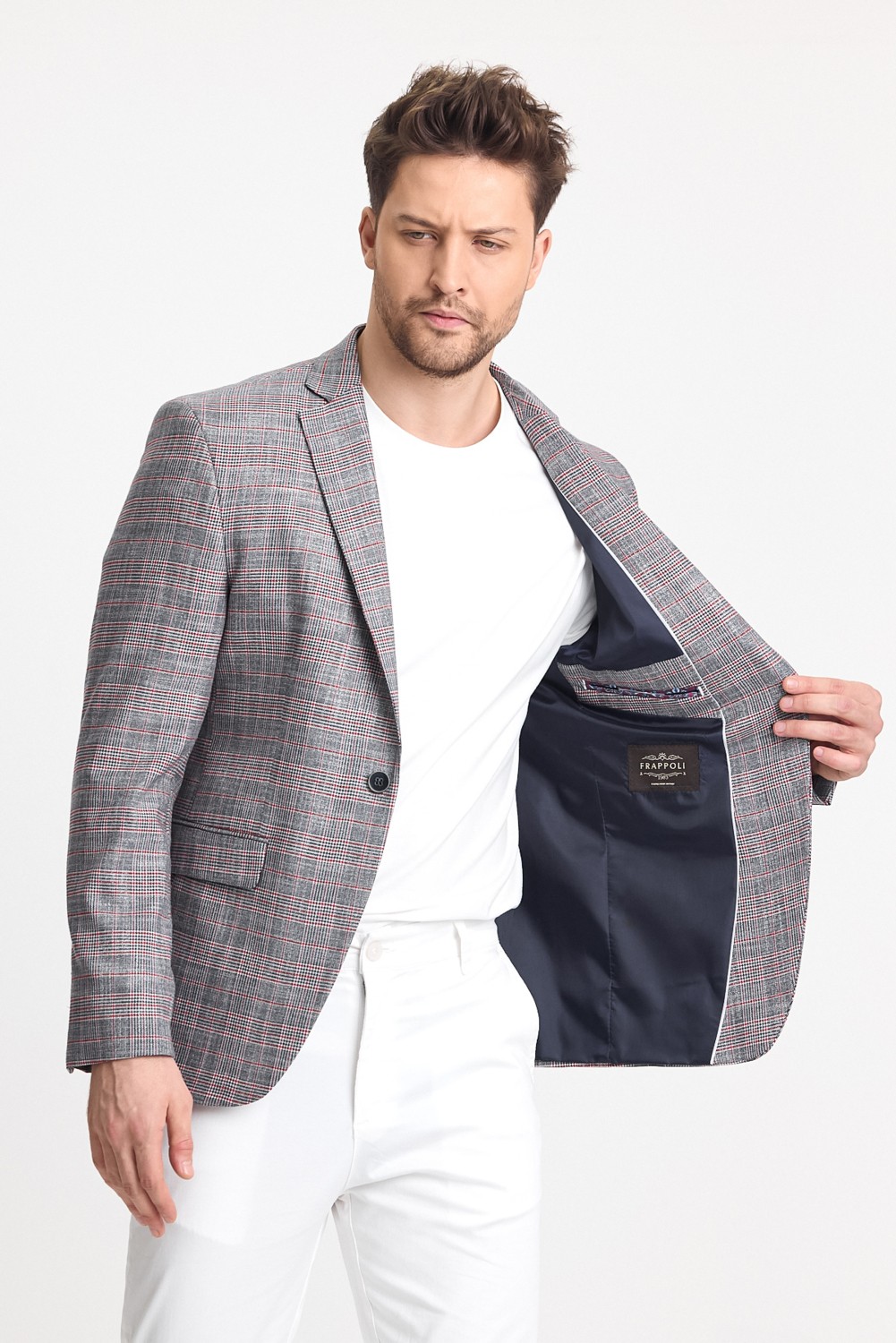 Frappoli Casparov Erkek Lacivert Ekoseli Esnemeyen Kumaş Slim Fit Mono Yaka Blazer Ceket görsel 2