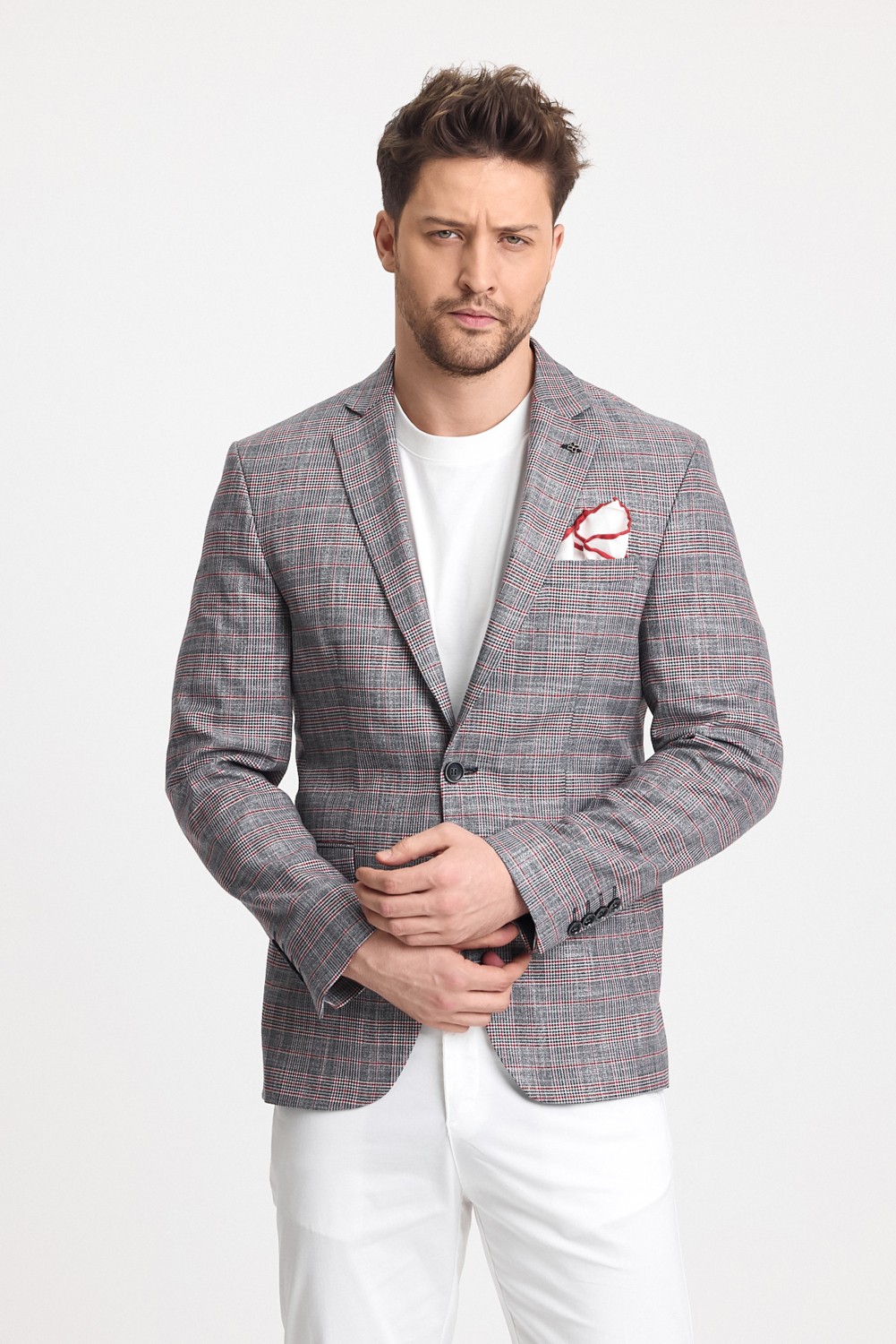 Frappoli Casparov Erkek Lacivert Ekoseli Esnemeyen Kumaş Slim Fit Mono Yaka Blazer Ceket görsel 3