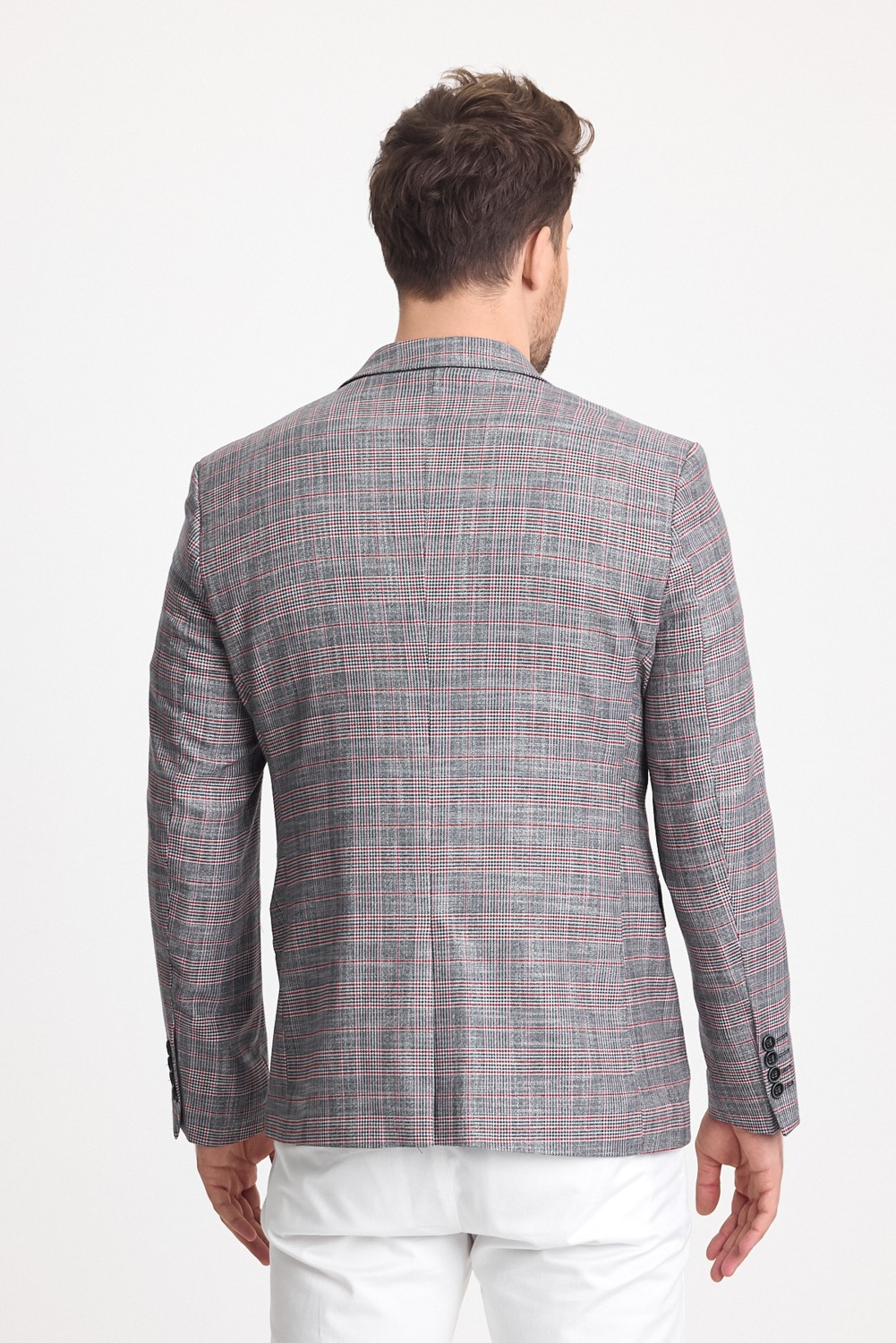 Frappoli Casparov Erkek Lacivert Ekoseli Esnemeyen Kumaş Slim Fit Mono Yaka Blazer Ceket görsel 4