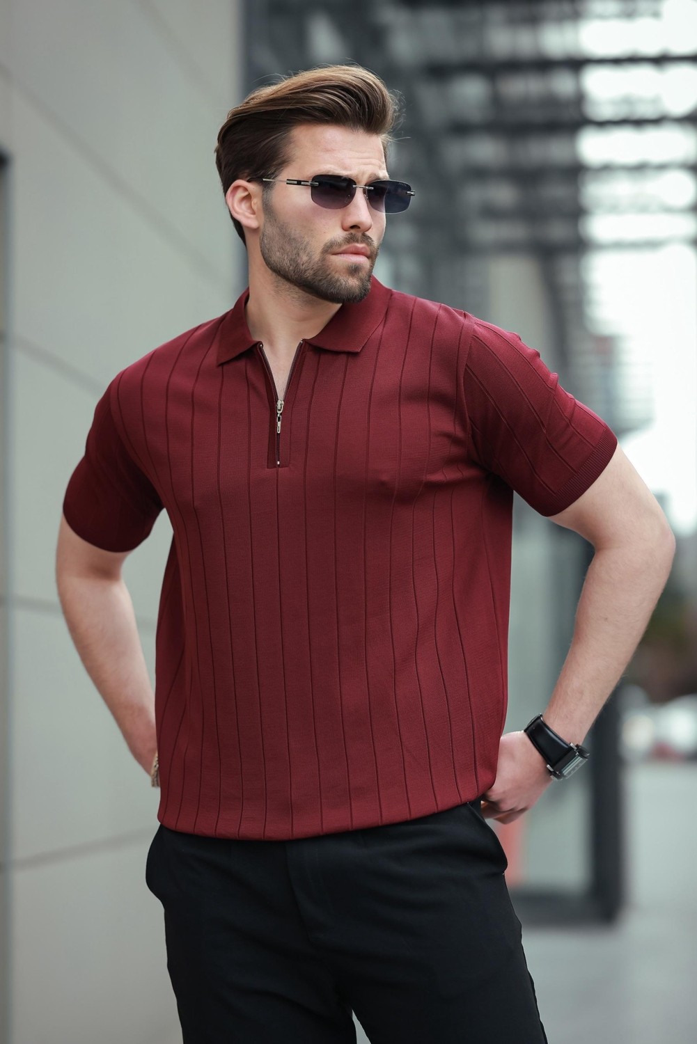 Madmext Beyaz Polo Yaka Fermuarlı Erkek T-Shirt E7298