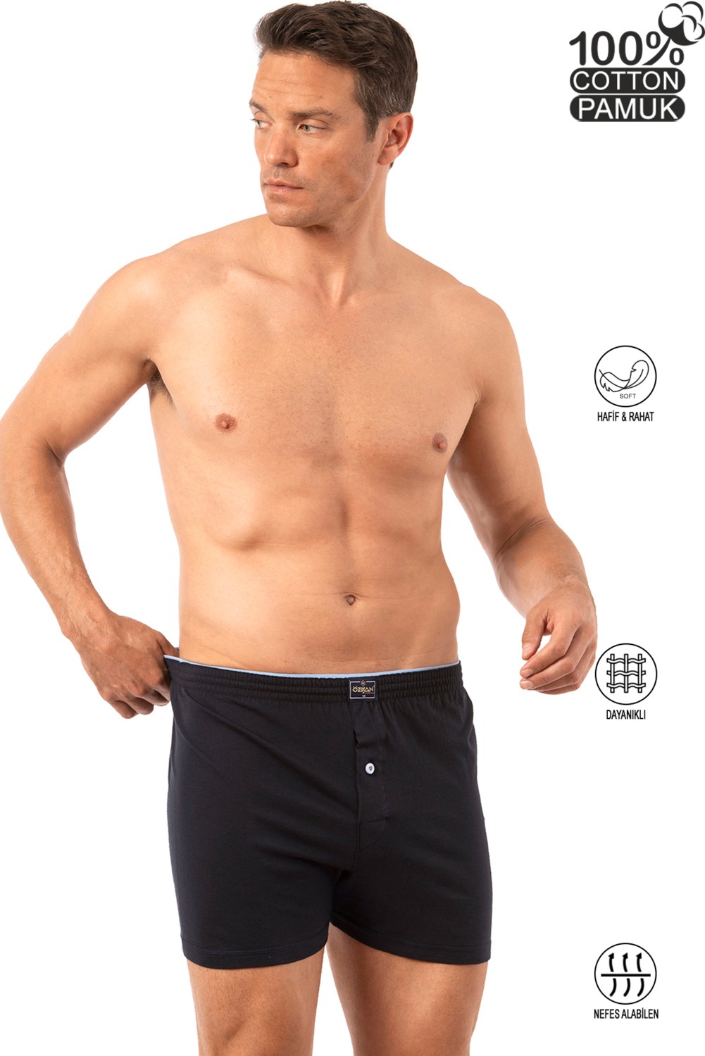 Özkan Underwear 0041 Erkek Şardonlu Pamuklu Düğmeli Penye Boxer