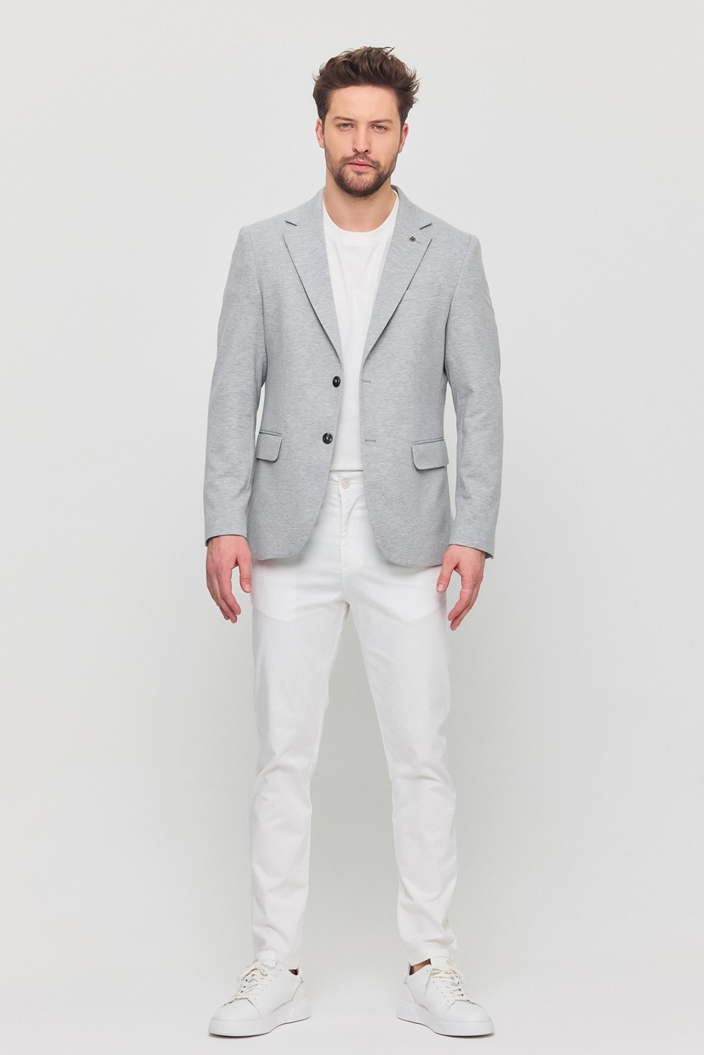 Frappoli 3115 Erkek Gri Esnek Likralı Pamuk Karışımlı Slim Fit Ilkbahar-Yaz Spor Blazer Ceket