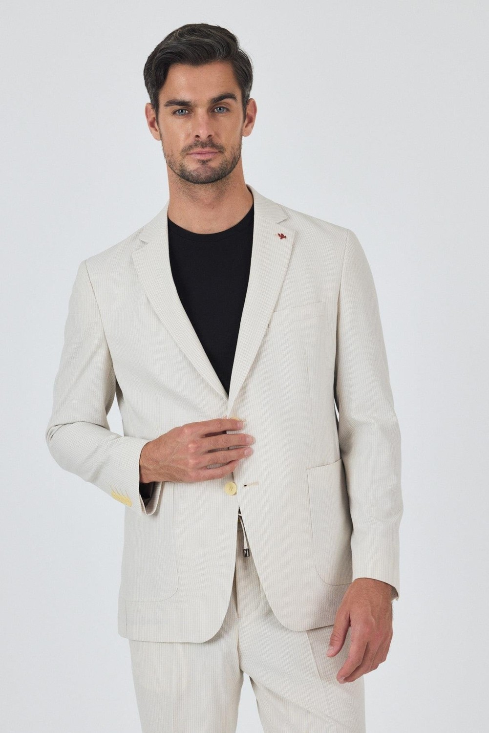 İmza Açık Bej Gofreli Mono Yaka Esnek 6 Drop Slim Fit Classic Takım Elbise 1001250117 görsel 2