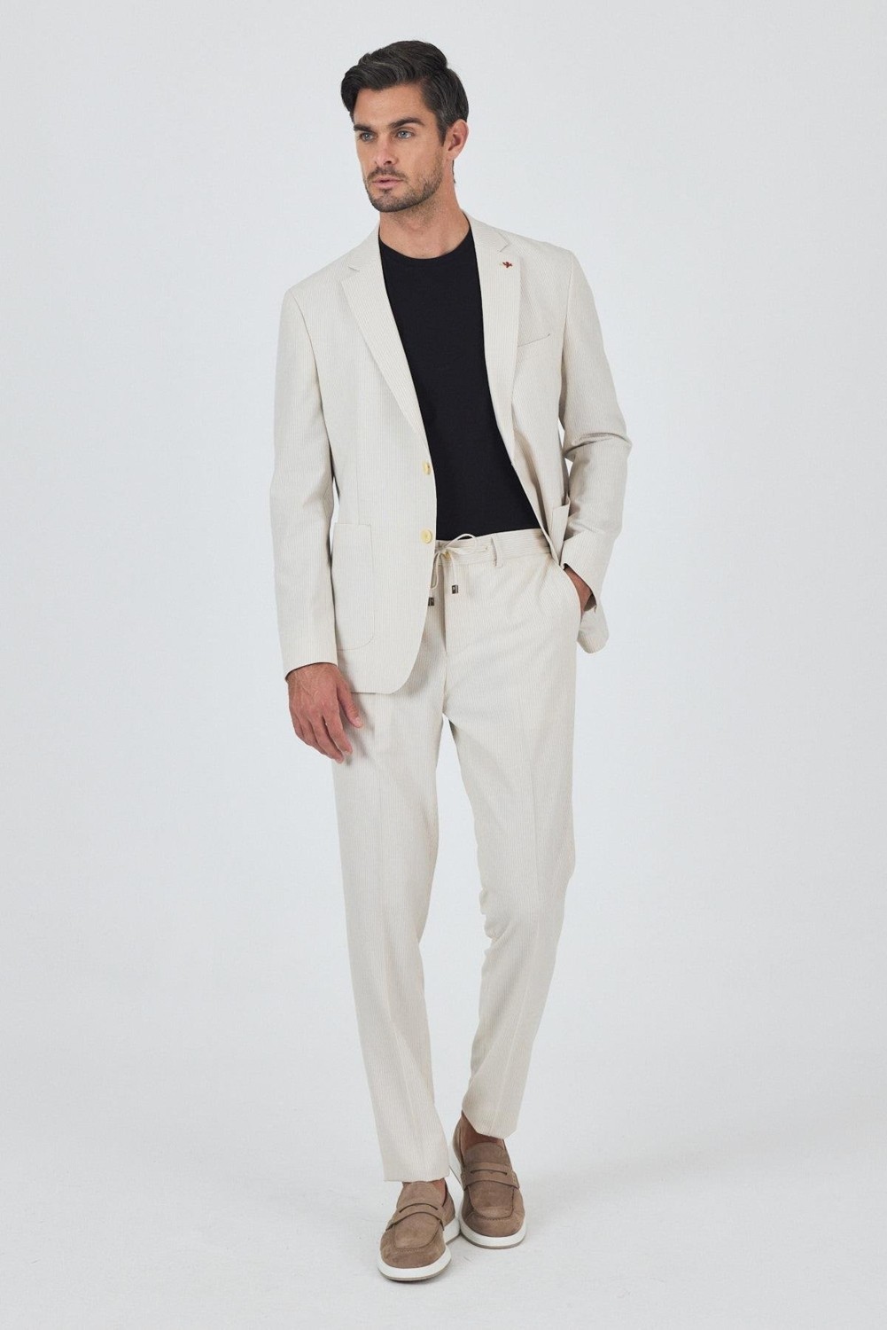 İmza Açık Bej Gofreli Mono Yaka Esnek 6 Drop Slim Fit Classic Takım Elbise 1001250117 görsel 3