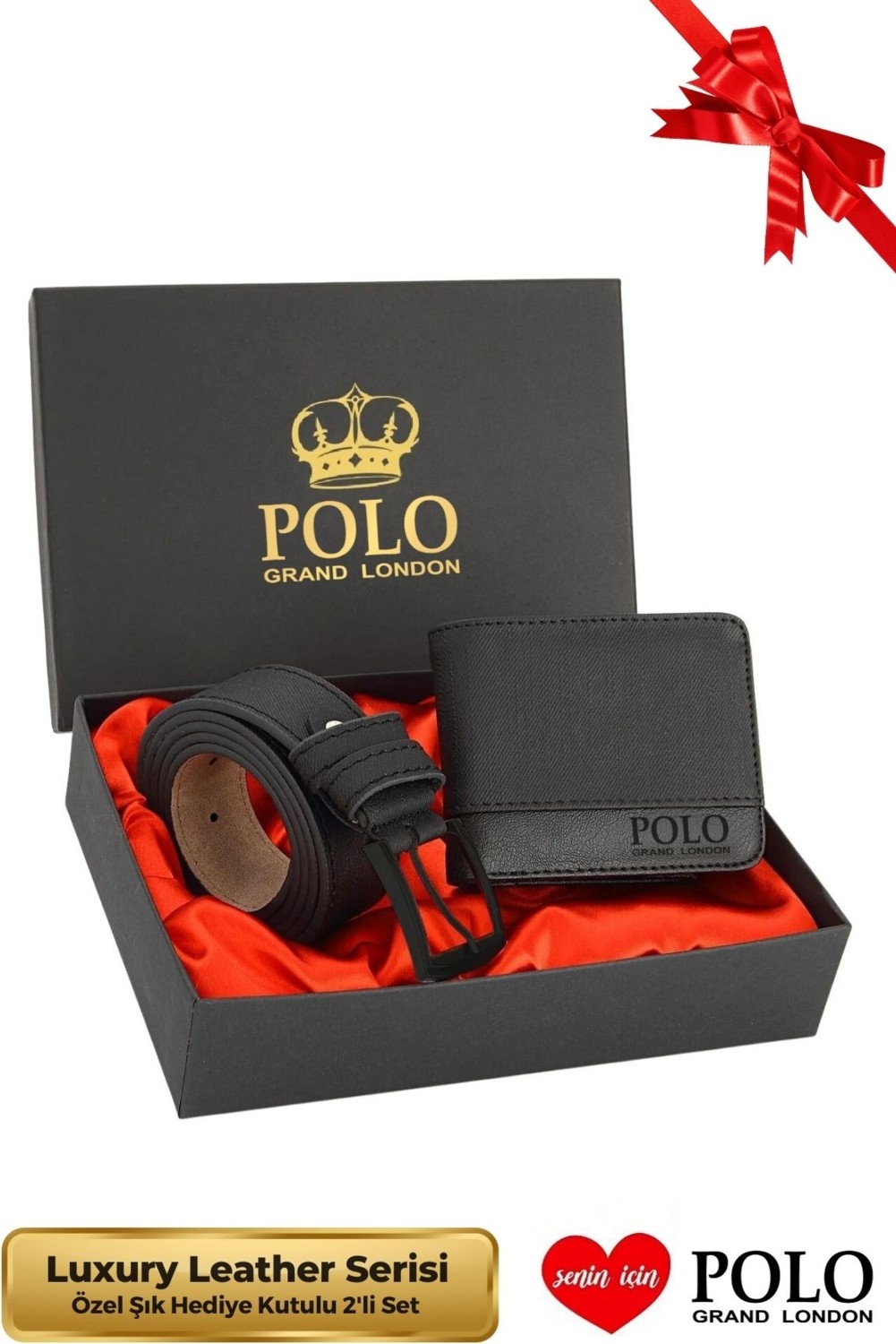 POLOGRAND London Polo Grand Polo London Erkek Cüzdan Kemer Seti 2'li Hediye Kutulu Siyah Deri Şık Tasarım