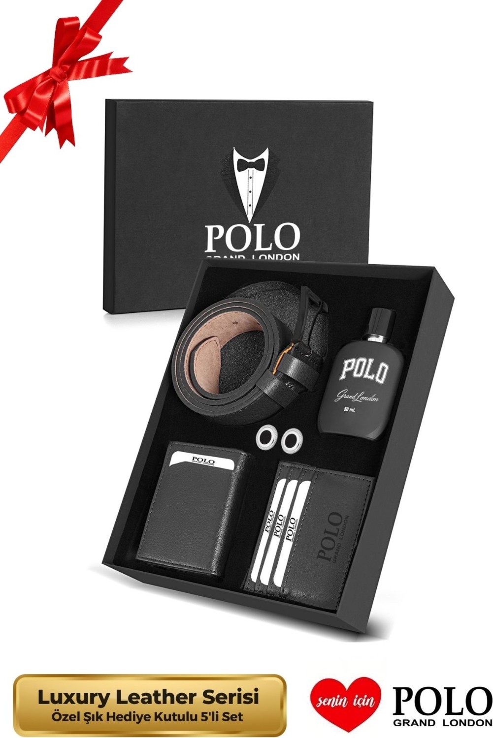 POLOGRAND London Erkek Kutulu 5'li Set Cüzdan Kemer Kartlık Parfüm Kol Düğmesi
