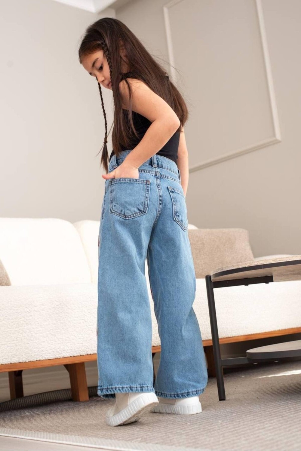 2kids2mom Yırtık Detaylı Geniş Paça Bel Ayarlı Kot Pantolon (5 - 12 Yaş) görsel 2