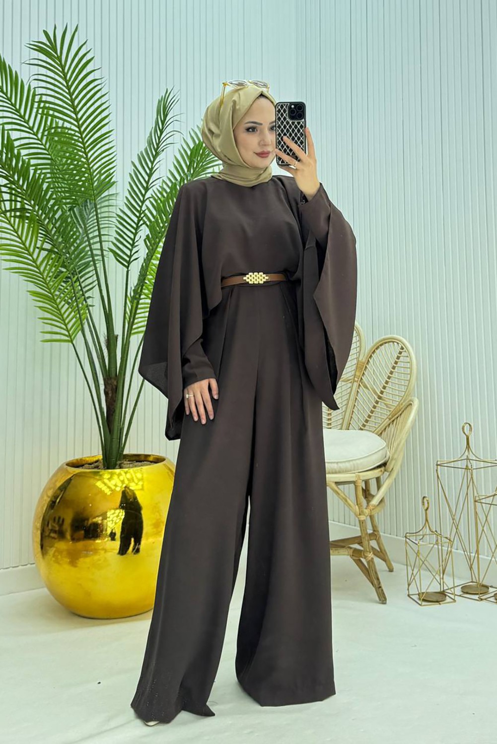 Neşeli Butik Kadın Pelerinli Kemer Detaylı Kahverengi Tesettür Tulum %100 Polyester Şık Tasarım NMS061 görsel 5