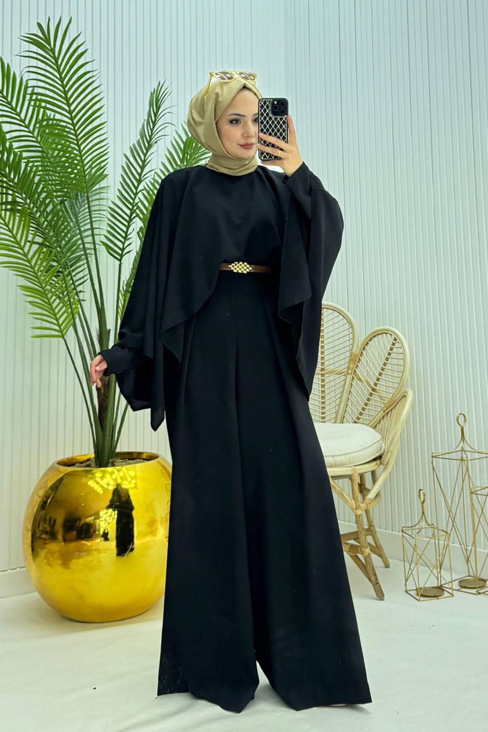 Neşeli Butik Kadın Pelerinli Kemer Detaylı Kahverengi Tesettür Tulum %100 Polyester Şık Tasarım NMS061