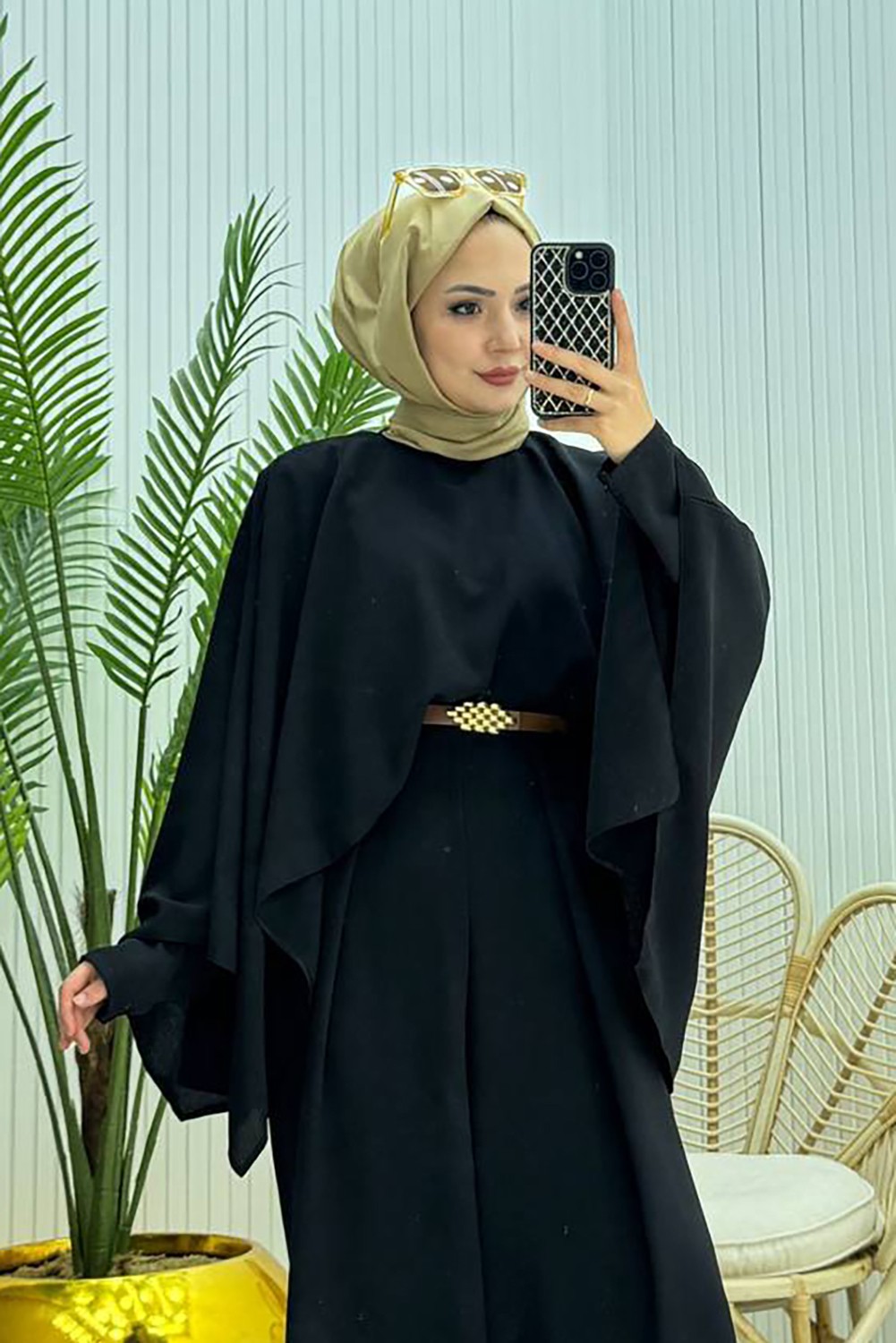 Neşeli Butik Kadın Pelerinli Kemer Detaylı Kahverengi Tesettür Tulum %100 Polyester Şık Tasarım NMS061 görsel 2