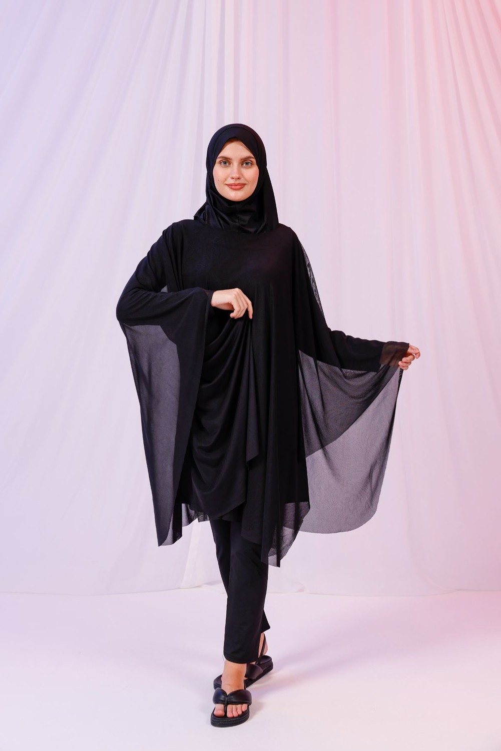 Tarzını Seç Kısa Kimono Pareo - Tesettür Pareo - Esnek Likralı Tül Siyah 180X135 cm