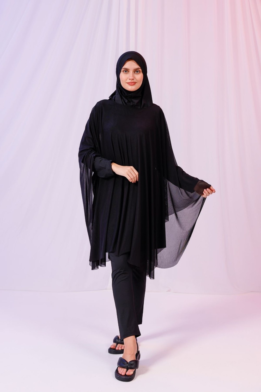Tarzını Seç Kısa Kimono Pareo - Tesettür Pareo - Esnek Likralı Tül Siyah 180X135 cm görsel 2