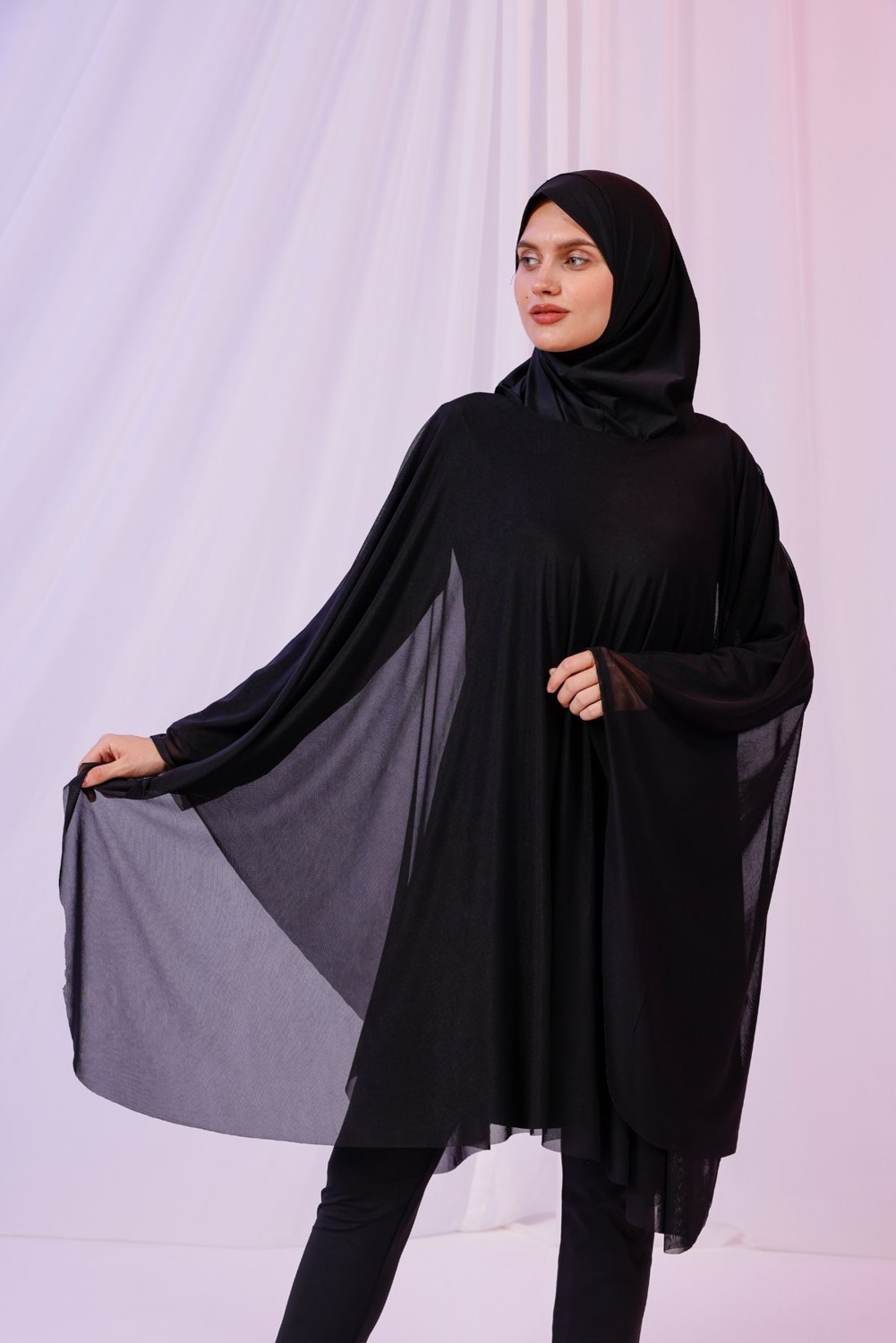 Tarzını Seç Kısa Kimono Pareo - Tesettür Pareo - Esnek Likralı Tül Siyah 180X135 cm görsel 3