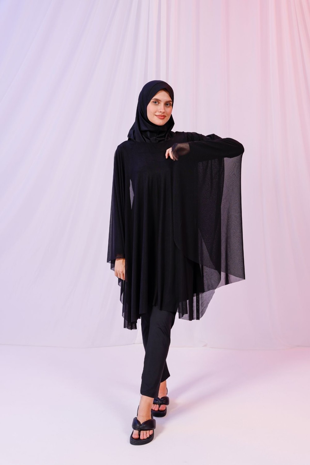 Tarzını Seç Kısa Kimono Pareo - Tesettür Pareo - Esnek Likralı Tül Siyah 180X135 cm görsel 4