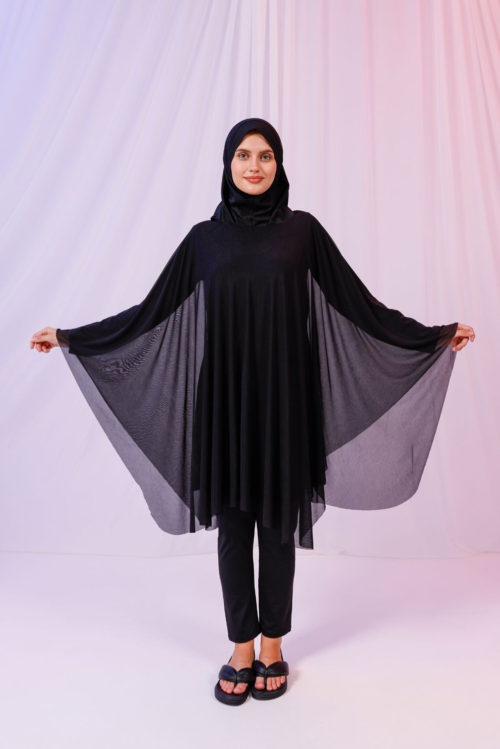 Tarzını Seç Kısa Kimono Pareo - Tesettür Pareo - Esnek Likralı Tül Siyah 180X135 cm görsel 5