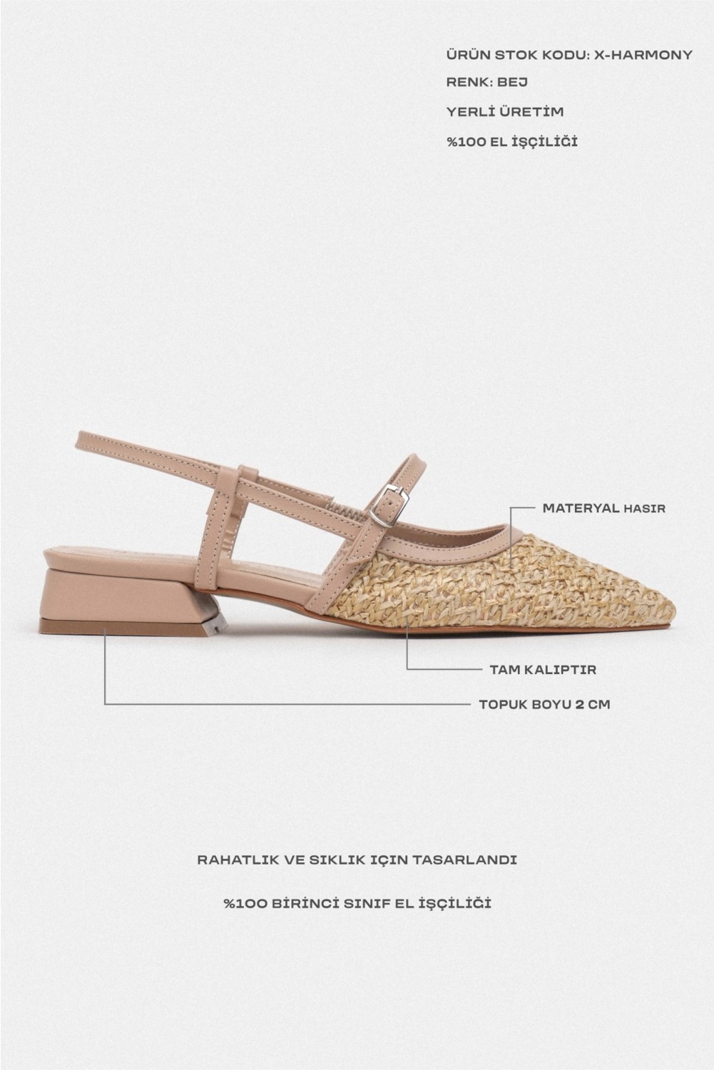 Nişantaşı Shoes X-Harmony Hasır Taba Kemer Detay Sivri Burun Kısa Topuklu Kadın Babet görsel 8