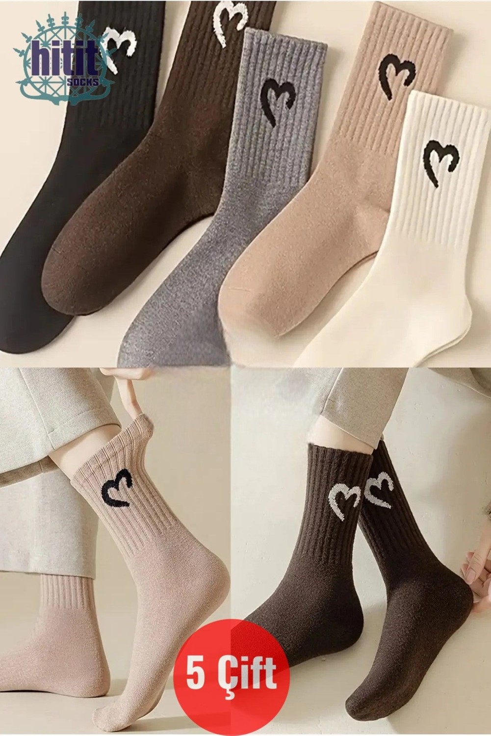 Hitit Socks Kadın 5 Çift Premium Yüksek Pamuklu Yeni Kalp Desenli Casual Çorap Çok Renkli