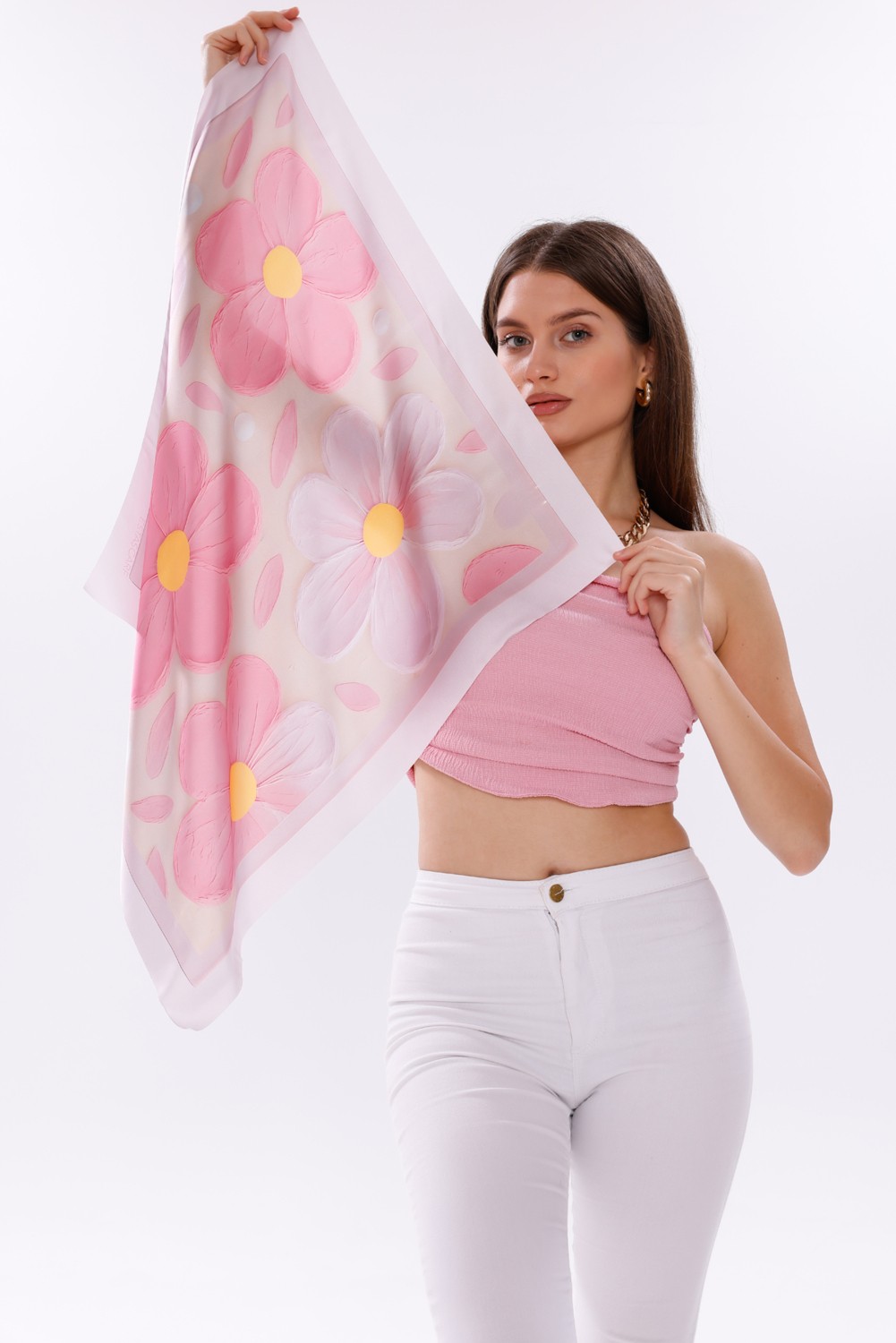 Tarzını Seç Pembe Rüya Çiçekleri Model Fular Bandana Şal Estascarf 70X70 cm görsel 2