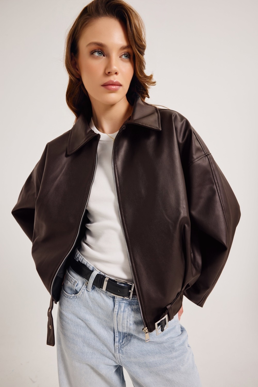 Meecy Woman Kadın Yeni Sezon Oversize Bomber Deri Ceket