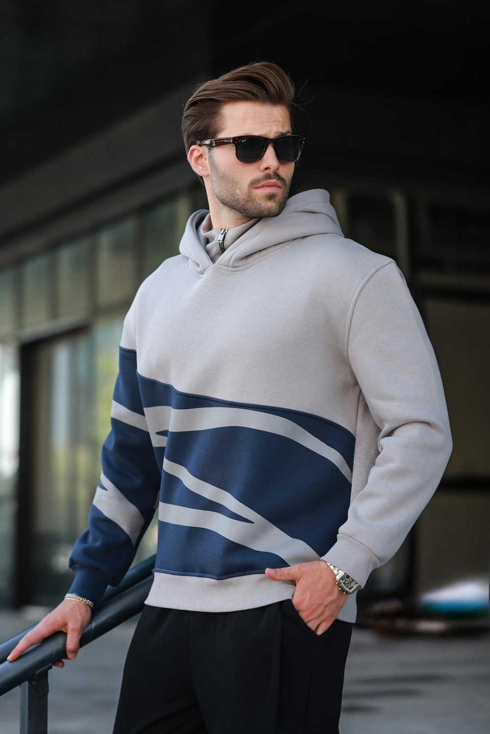 Madmext Boyalı Gri Kapüşonlu Fermuar Yaka Desenli Erkek Sweatshirt E7162