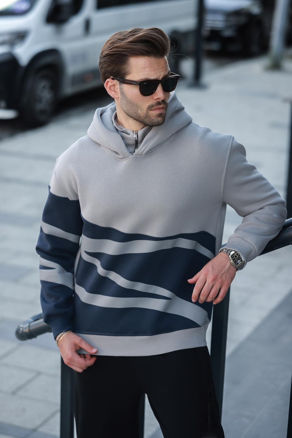 Madmext Boyalı Gri Kapüşonlu Fermuar Yaka Desenli Erkek Sweatshirt E7162 görsel 2