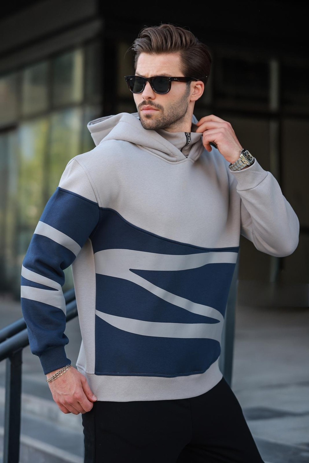 Madmext Boyalı Gri Kapüşonlu Fermuar Yaka Desenli Erkek Sweatshirt E7162 görsel 3