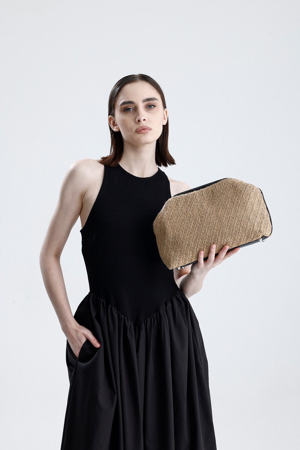 Heybes Kadın Siyah Deri Detaylı Balık Sırtı Örgü Jüt Clutch El Çantası görsel 2