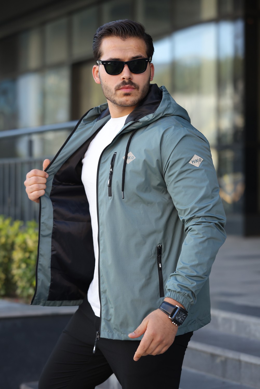 Comstarmoda Erkek Mint Renkli Kapüşonlu Suya Dayanıklı Cepli Yağmurluk Slim Fit Spor Tarzı