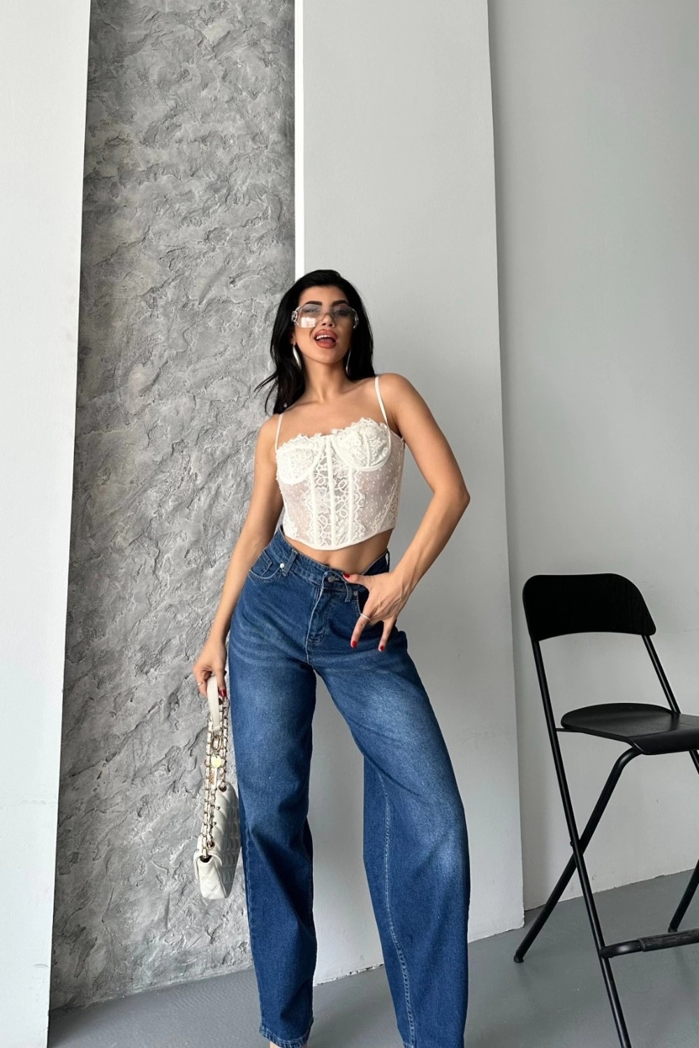 Baggy Süper Taş Bıyık Yıkama Koyu Mavi Jeans Pantolon D2007 görsel 4