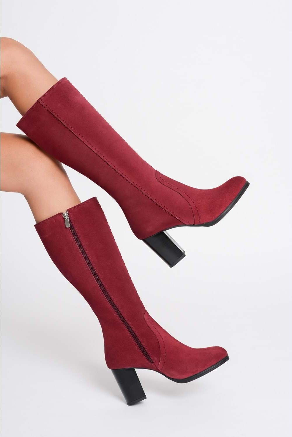 Analin Shoes Kadın Hakiki Deri Topuklu Süet Çizme - Bordo görsel 5