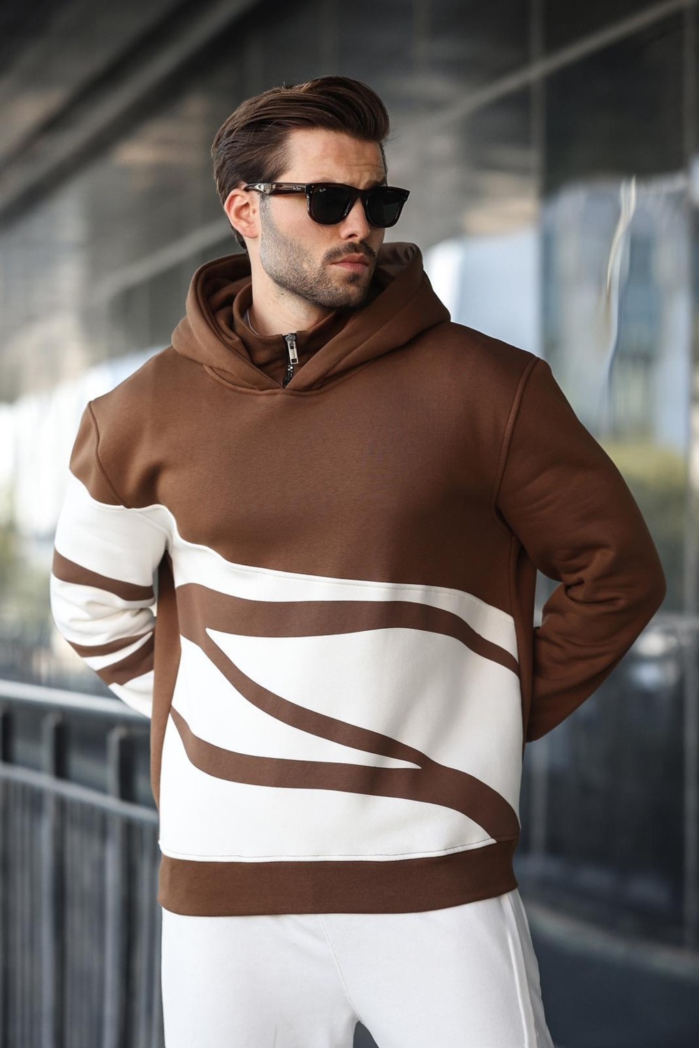 Madmext Boyalı Gri Kapüşonlu Fermuar Yaka Desenli Erkek Sweatshirt E7162