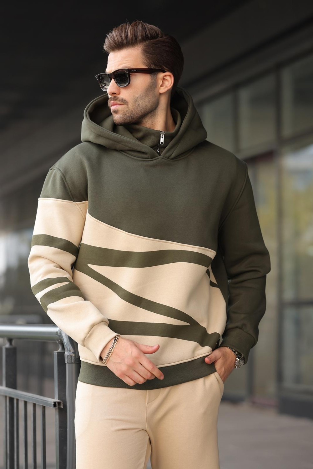 Madmext Boyalı Gri Kapüşonlu Fermuar Yaka Desenli Erkek Sweatshirt E7162 görsel 5