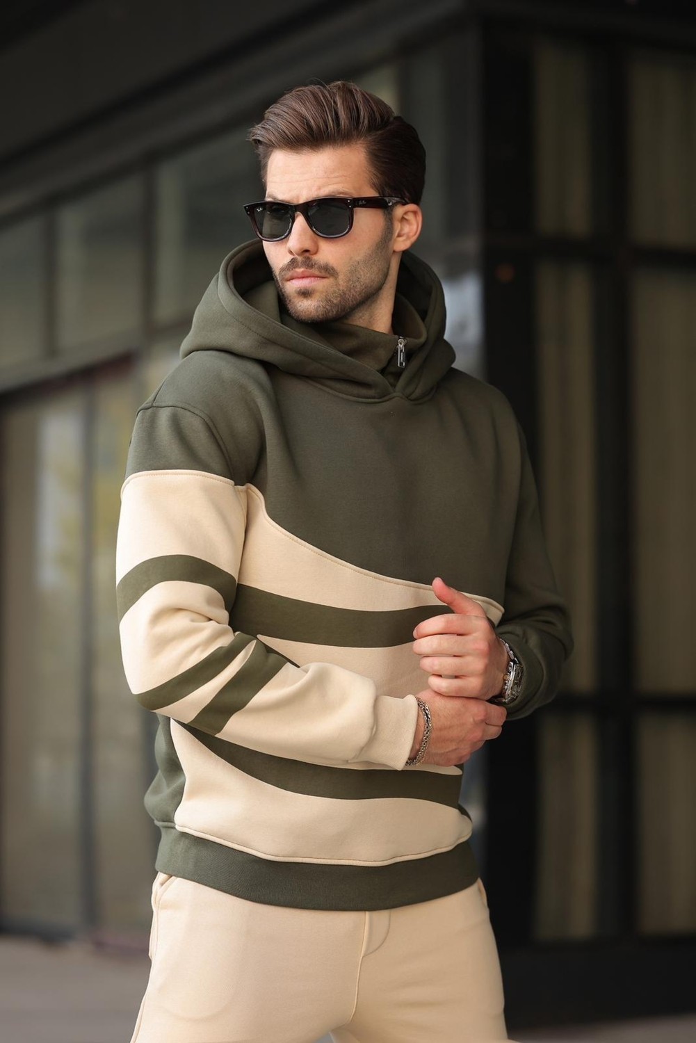 Madmext Boyalı Gri Kapüşonlu Fermuar Yaka Desenli Erkek Sweatshirt E7162 görsel 6