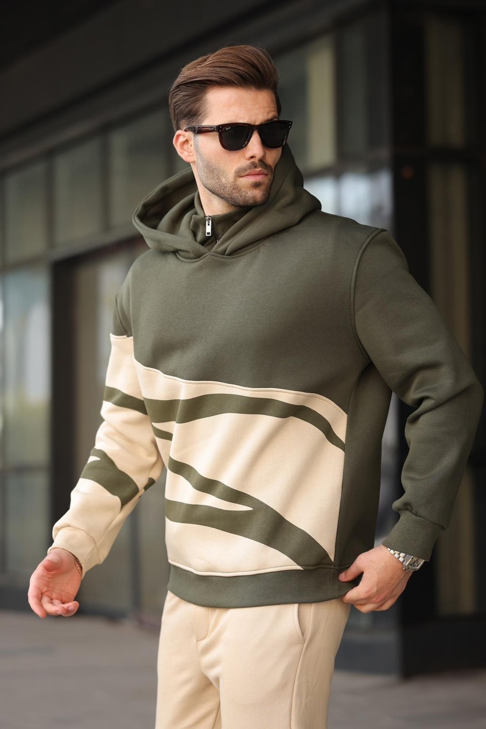 Madmext Boyalı Gri Kapüşonlu Fermuar Yaka Desenli Erkek Sweatshirt E7162 görsel 8