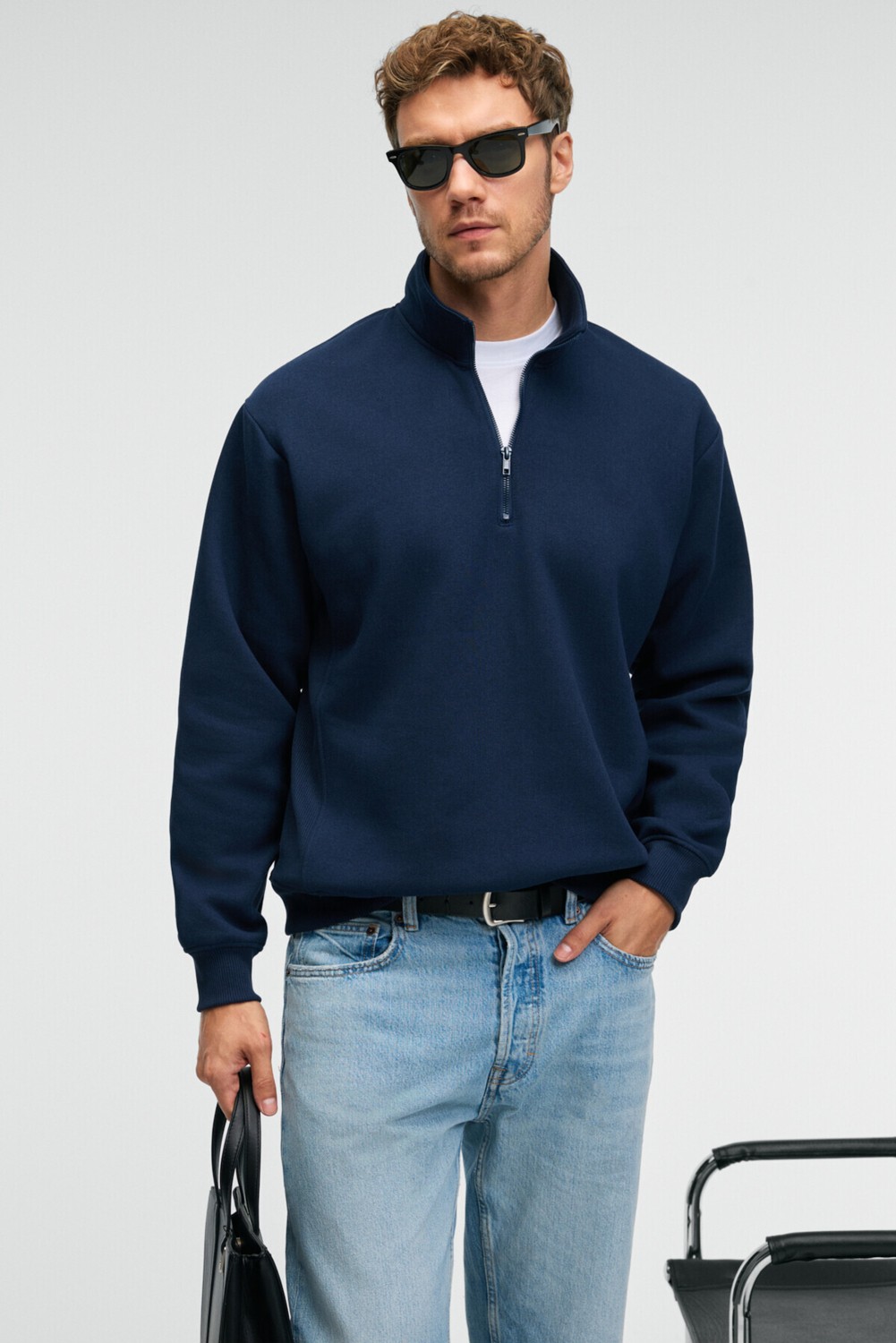 Grimelange BAXTER Erkek Dik Yakalı Fermuarlı Relaxed Lacivert Sweatshirt görsel 2