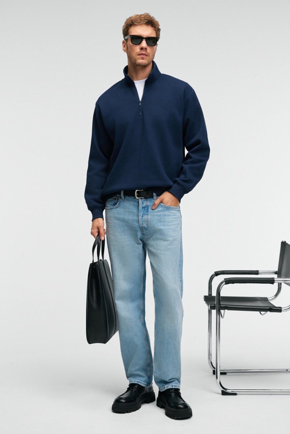 Grimelange BAXTER Erkek Dik Yakalı Fermuarlı Relaxed Lacivert Sweatshirt görsel 3