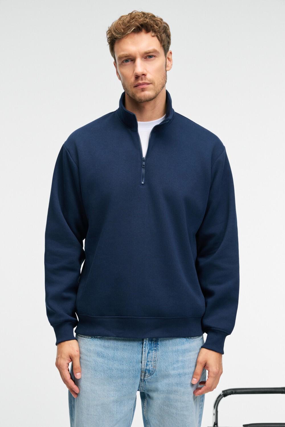 Grimelange BAXTER Erkek Dik Yakalı Fermuarlı Relaxed Lacivert Sweatshirt görsel 5