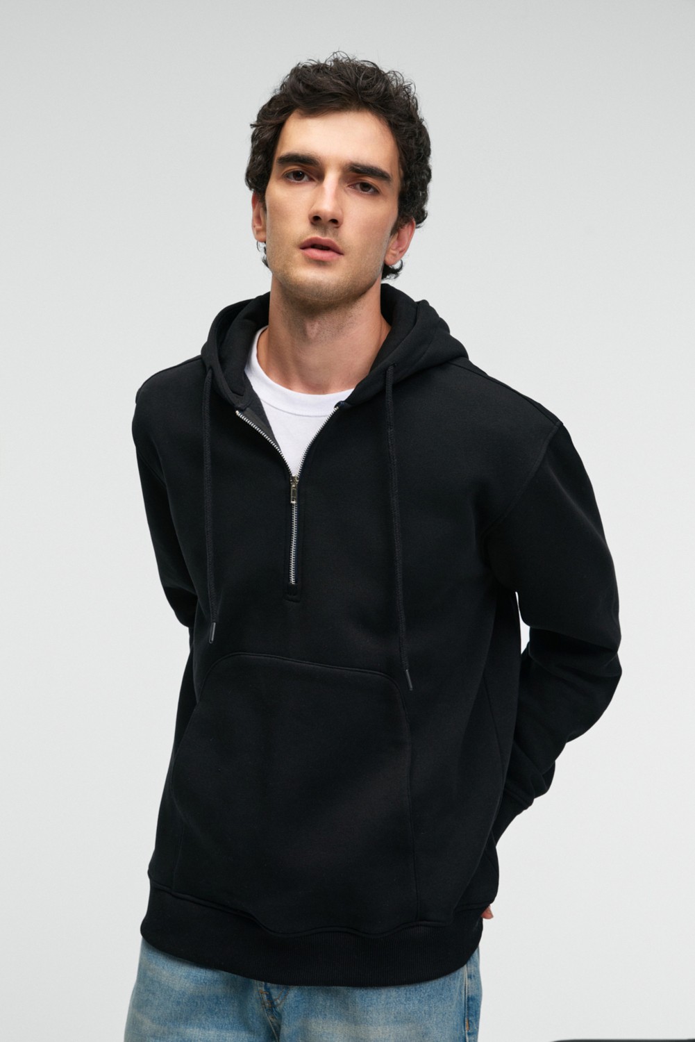 Grimelange JUSTUS Erkek Kapüşonlu Kanguru Cepli Fermuar Yakalı Siyah Sweatshirt