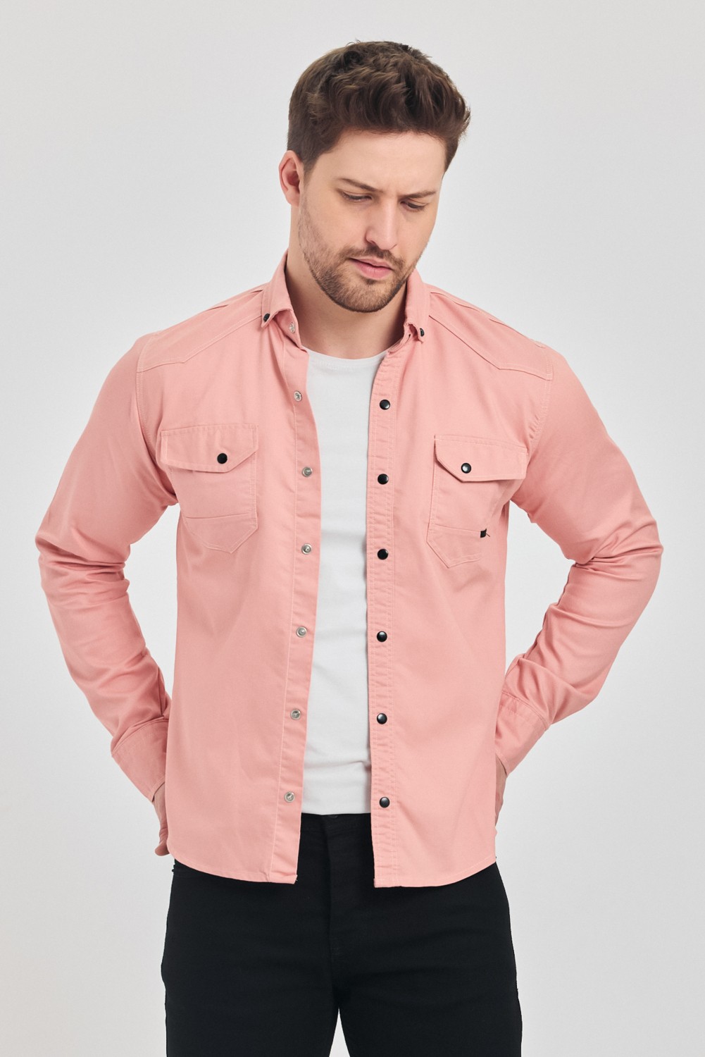 A02Teks Yxc Slim Erkek Çift Cepli Çıtçıtlı Kot Gömlek görsel 5