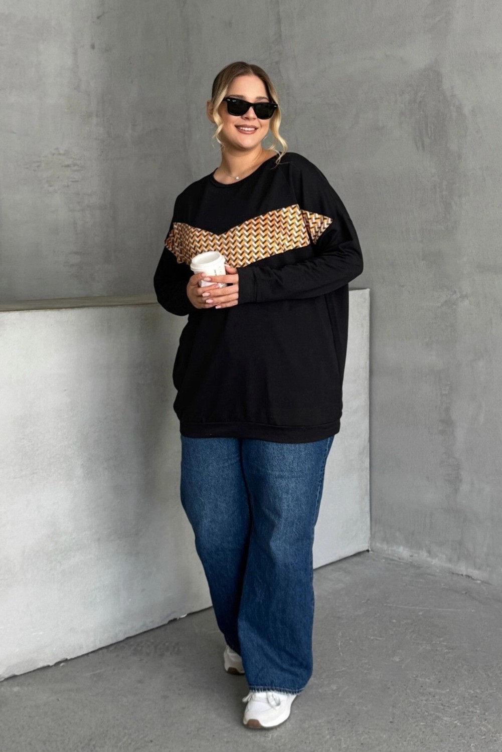 Stil Diva Büyük Beden Bisiklet Yaka Uzun Kollu Önü Baskılı Sweatshirt 300282 görsel 7